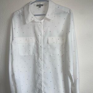 White Button-Up Long Sleeve Blouse with Tiny Multi-Color Star Print